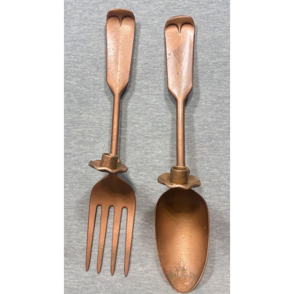 Vtg Oversized Copper Color Fork Spoon Wall Decor Taper Candle Holder Set 20in